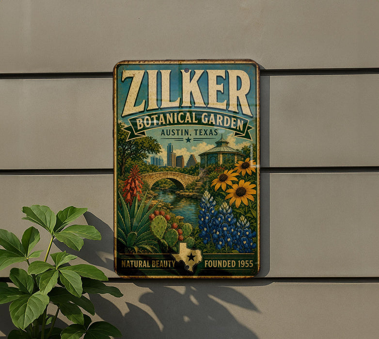 A vintage-style metal sign for the Zilker Botanical Garden in Austin, Texas, featuring a colorful illustration of a garden with flowers, plants, and a bridge.