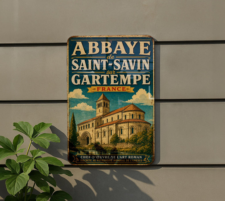 A vintage-style sign for the Abbaye de Saint-Savin in Gartempe, France, featuring an illustration of a church with a tower and a blue sky with clouds.