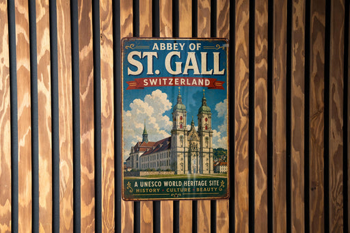 A vintage metal sign for the Abbey of St. Gall in Switzerland, featuring an illustration of the historic building and surrounded by wooden slats.