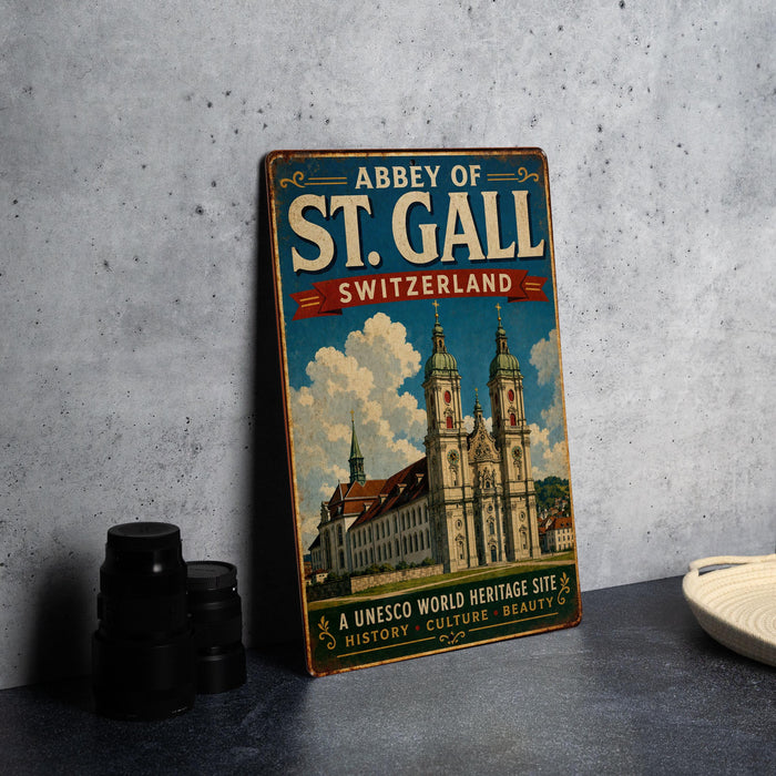 A vintage-style sign for the Abbey of St. Gall, Switzerland, featuring an illustration of the historic church and its architecture.