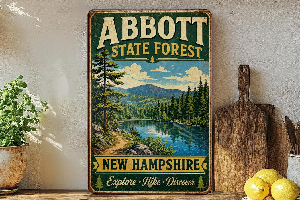 a vintage-style sign for Abbott State Forest in New Hampshire, with a scenic landscape depicting a lake surrounded by pine trees and mountains.