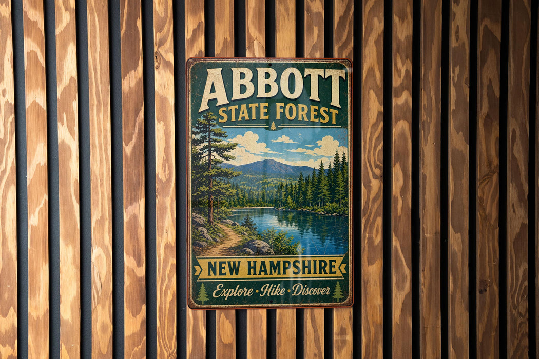 A vintage metal sign for Abbott State Forest in New Hampshire, featuring a scenic landscape with a lake and mountains.