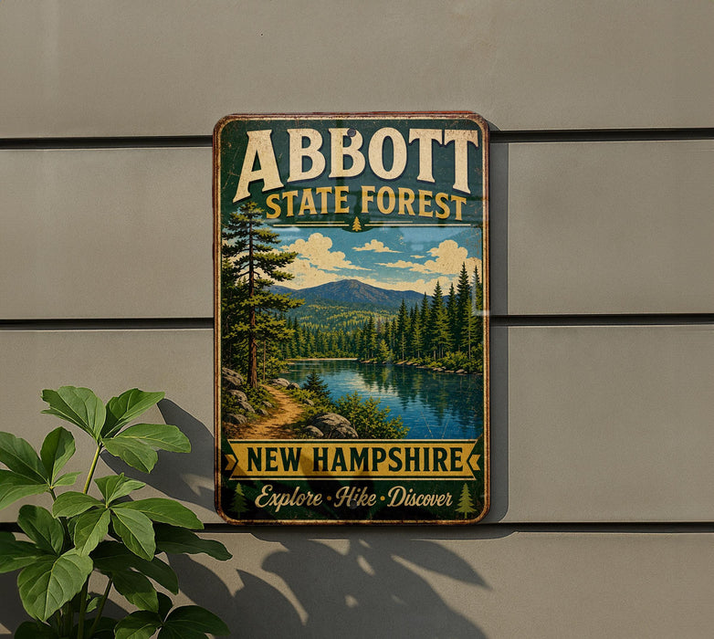 A vintage metal sign for Abbott State Forest in New Hampshire, featuring a scenic landscape with a lake and mountains.