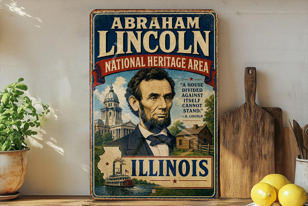 A vintage-style metal sign featuring an illustration of Abraham Lincoln, with text indicating that he is the National Heritage Area of Illinois.