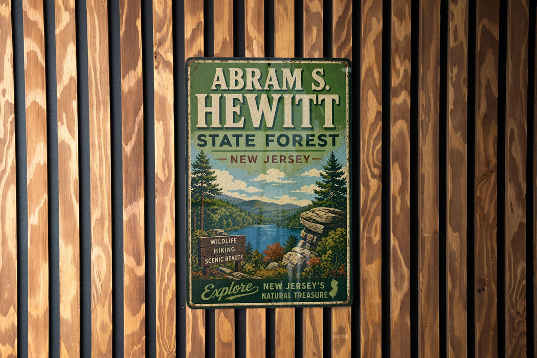 A vintage-style metal sign for Abraham S. Hewitt State Forest in New Jersey, featuring a scenic landscape with a waterfall and pine trees.