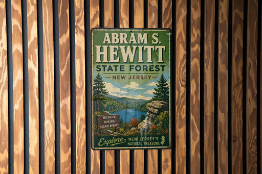 A vintage-style metal sign for Abraham S. Hewitt State Forest in New Jersey, featuring a scenic landscape with a waterfall and pine trees.