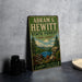 A vintage-style metal sign for the Abram S. Hewitt State Forest in New Jersey, featuring a scenic landscape with pine trees, a lake, and mountains.