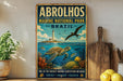 a vintage-style poster of Abrolhos National Park in Brazil, depicting a lighthouse, a turtle, and various marine life.