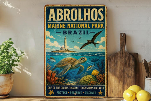 a vintage-style poster of Abrolhos National Park in Brazil, depicting a lighthouse, a turtle, and various marine life.