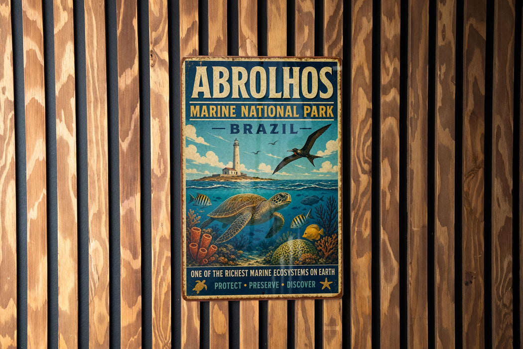 a vintage metal sign for Abrolhos Marine National Park in Brazil, depicting a seagull flying over a coral reef and a turtle swimming in the ocean.