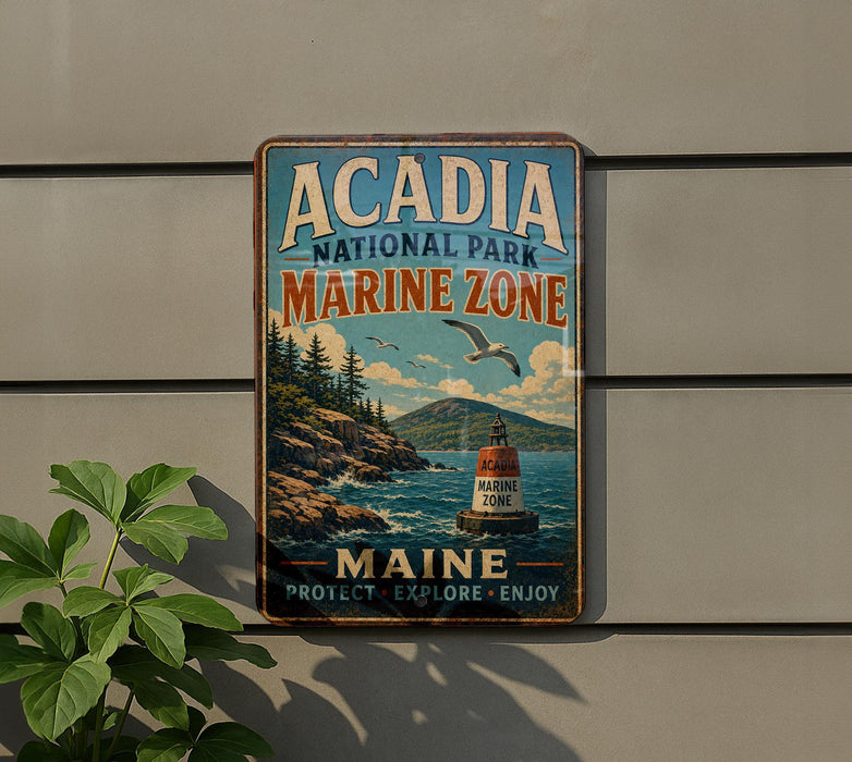 A vintage metal sign for Acadia National Park's Marine Zone, featuring a lighthouse and a seagull, is displayed on a wall next to a plant.