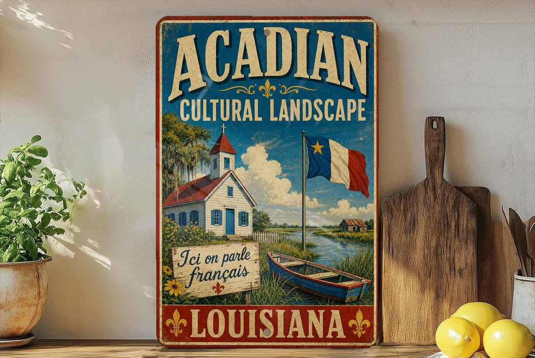 A vintage-style sign for Acadian Cultural Landscape in Louisiana, featuring a white house, a boat, and a French flag.