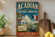 A vintage-style sign for Acadian Cultural Landscape in Louisiana, featuring a white house, a boat, and a French flag.