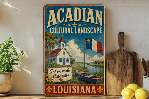 A vintage-style sign for Acadian Cultural Landscape in Louisiana, featuring a white house, a boat, and a French flag.