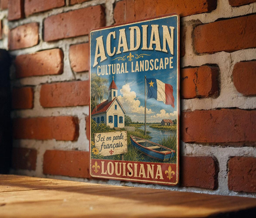 A vintage-style metal sign for the state of Louisiana, featuring a church, a boat, and the text "ACADIAN CULTURAL LANDSCAPE" and "I on parc français LOUISIANA".