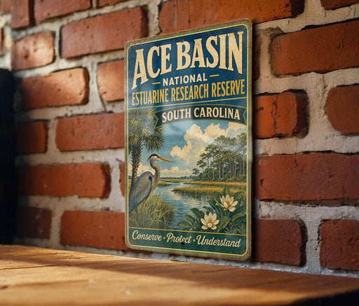 A vintage-style sign for the Ace Basin National Estuarine Research Reserve in South Carolina, featuring a seagull and a landscape with a river and palm trees.