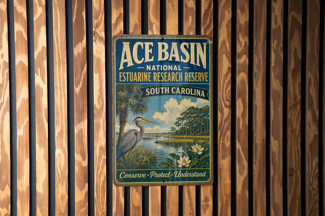 A vintage-style sign for the Ace Basin National Estuarine Research Reserve in South Carolina, featuring a blue background with a white bird and a serene landscape.