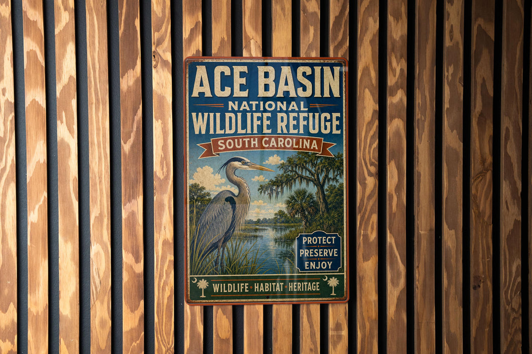 A vintage-style metal sign for the Ace Basin National Wildlife Refuge in South Carolina, featuring an illustration of a heron and a river.