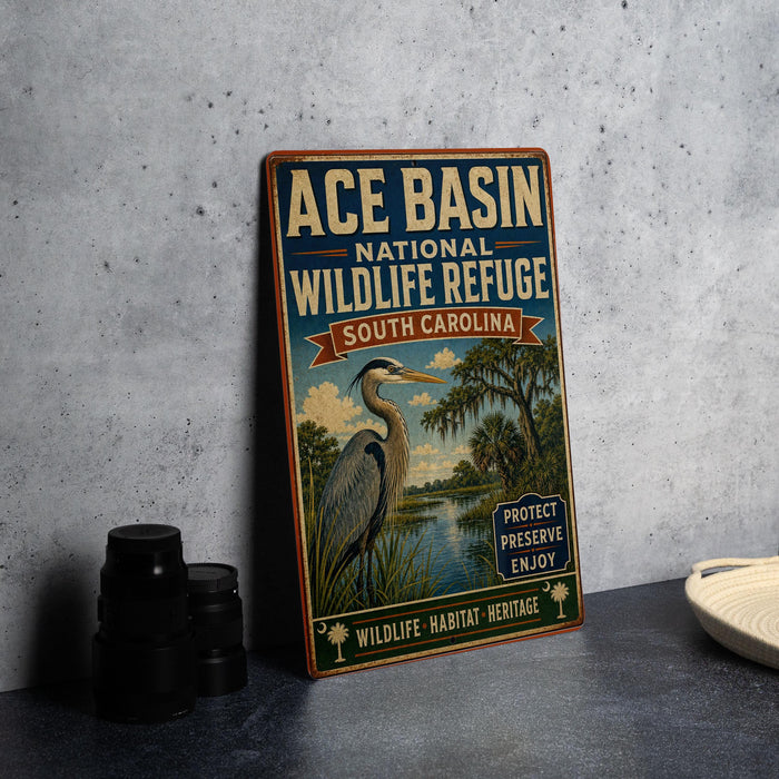 A vintage-style sign for the Ace Basin National Wildlife Refuge in South Carolina, featuring an illustration of a heron and a tropical landscape.