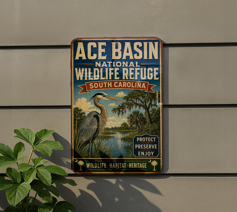 A vintage-style metal sign for the Ace Basin National Wildlife Refuge in South Carolina, featuring an illustration of a heron and a tropical landscape.