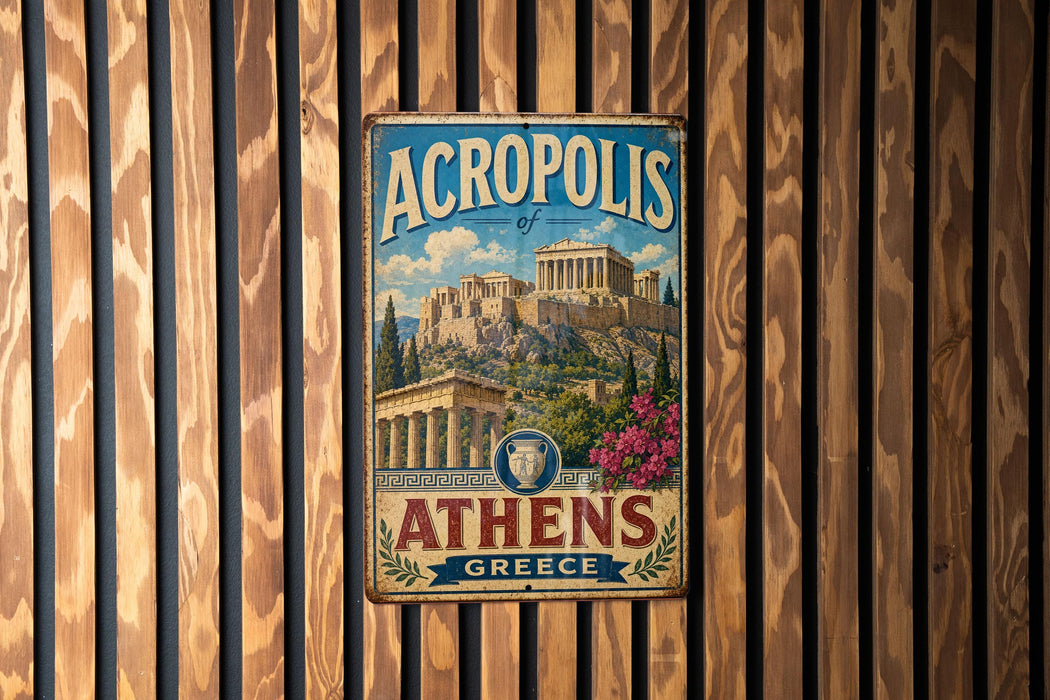 A vintage metal sign displaying the Acropolis of Athens, Greece, with a classical architectural image of the Parthenon.