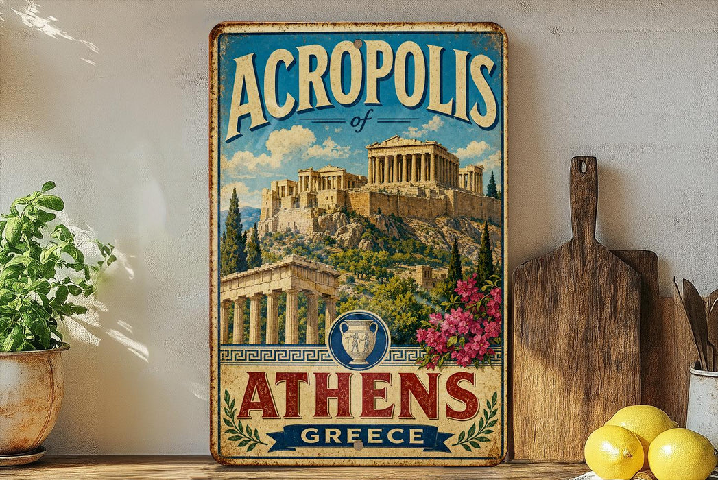 A vintage-style metal sign displaying the name "ACROPOLIS of Athens" and an illustration of the Acropolis, with a potted plant and wooden cutting board in the foreground.