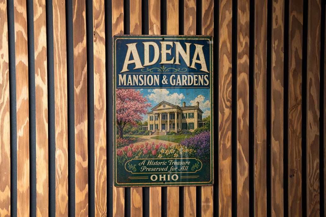 A vintage-style sign for "Adena Mansion & Gardens" is displayed on a wooden wall, featuring a large illustration of a mansion surrounded by a well-maintained garden.