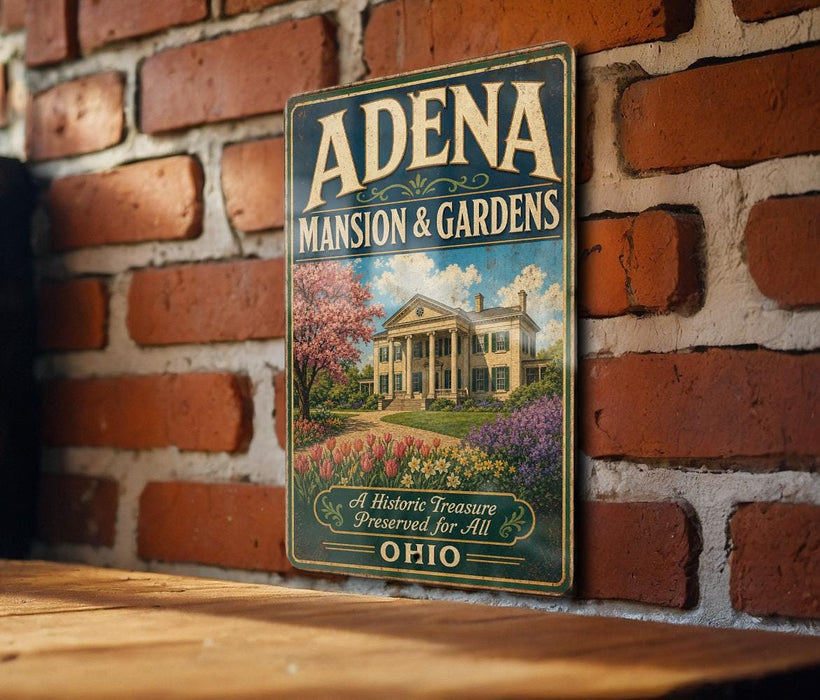 A vintage-style sign for "Adena mansion & gardens" is displayed on a brick wall, featuring a painting of a historic mansion surrounded by colorful flowers.