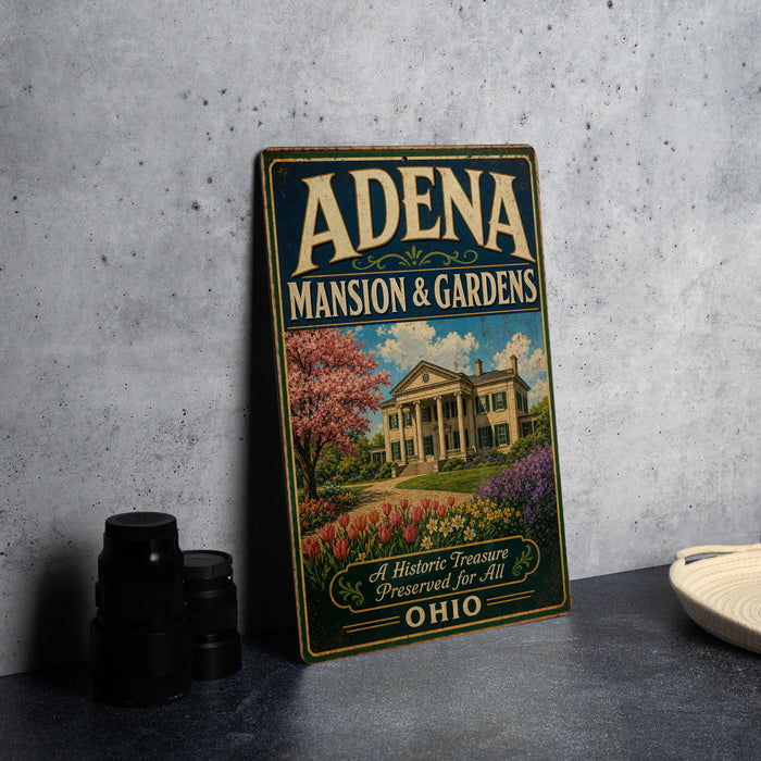 A vintage-style sign for "Adena mansion & gardens" is displayed on a table, featuring a large illustration of a mansion surrounded by a garden with flowers.