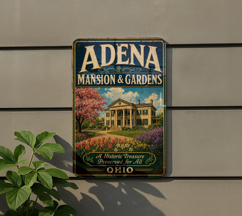 A vintage-style sign for "Adena mansion & gardens" is displayed on a wall, featuring a large illustration of a mansion surrounded by a well-maintained garden.