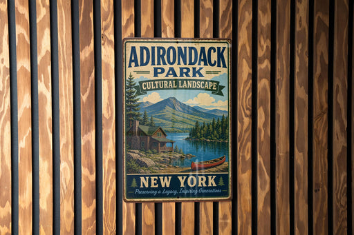 A vintage-style metal sign for Adirondack Park, New York, featuring a scenic landscape with mountains, a lake, and a cabin.