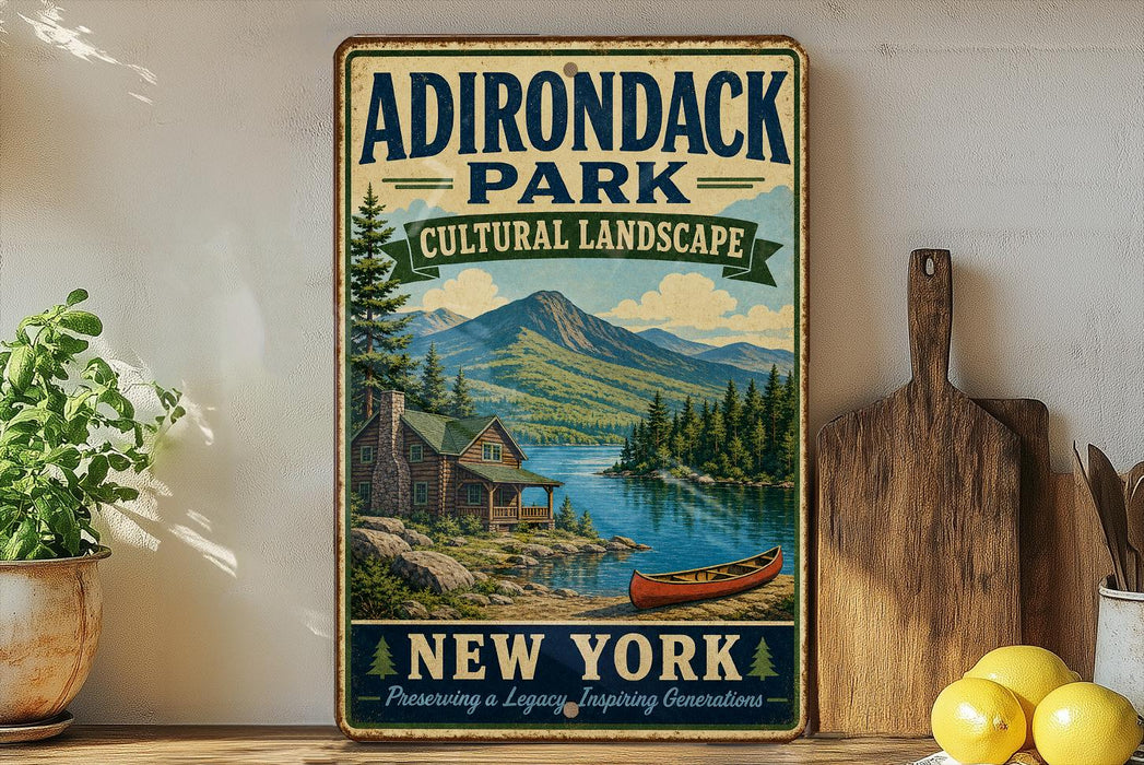 A vintage-style sign for Adirondack Park, New York, featuring a scenic landscape with a cabin, canoe, and mountains in the background.