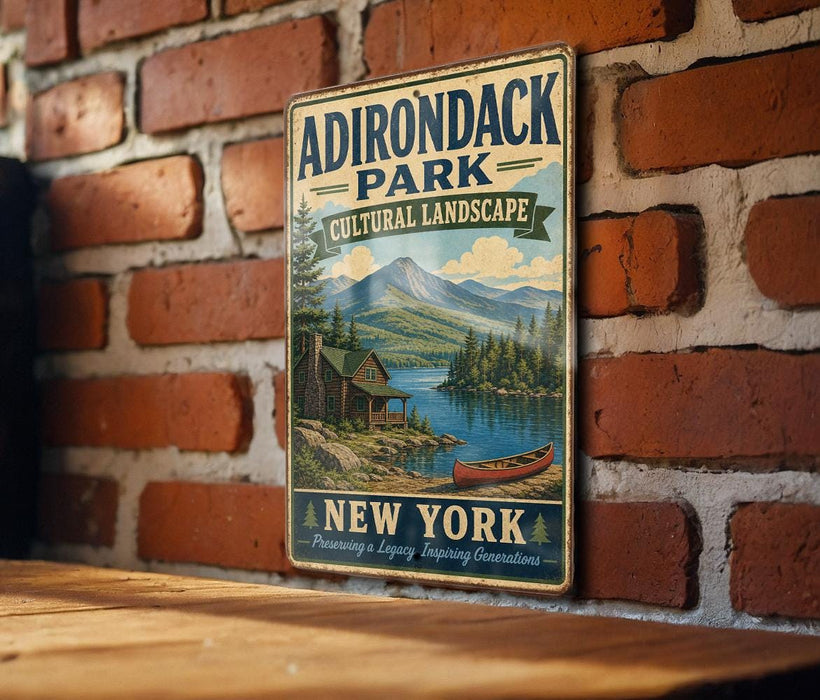 A vintage-style metal sign for Adirondack Park, New York, featuring a scenic landscape with a cabin, lake, and mountains.