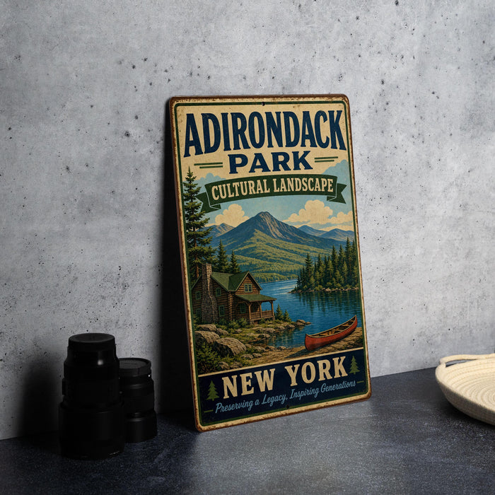 A vintage-style sign for Adirondack Park, featuring a scenic landscape with a cabin, lake, and mountains.
