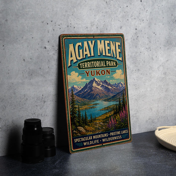 A vintage-style sign for Agay Mene Territorial Park Yukon, featuring a scenic mountain landscape with a lake and pine trees.