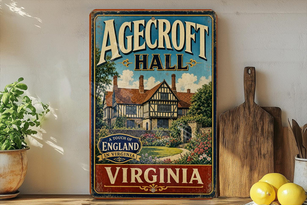 A vintage-style sign for Agedcroft Hall in Virginia, featuring a house surrounded by a garden, is displayed on a shelf next to a wooden cutting board and some lemons.