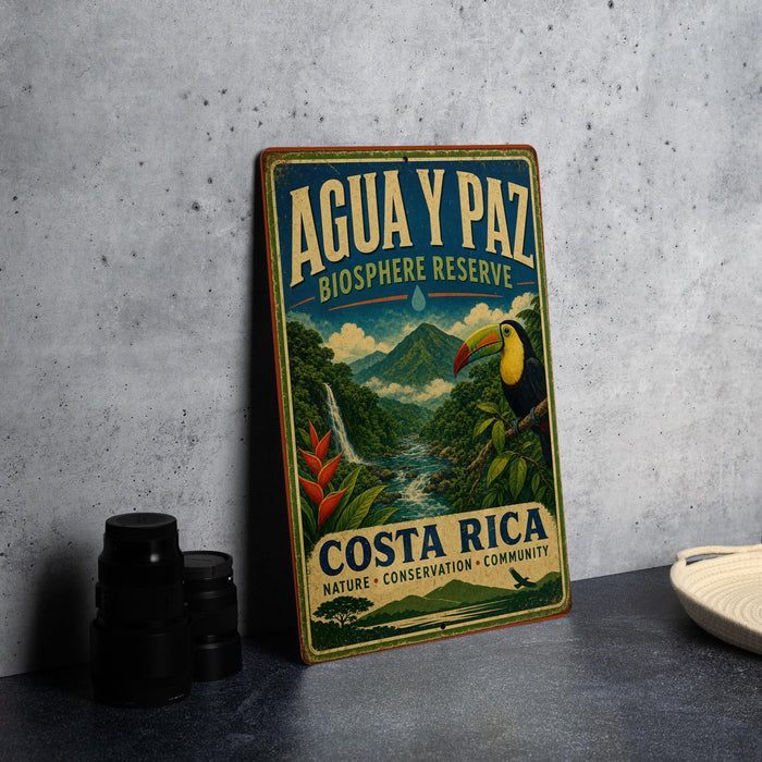 a vintage-style sign for the Agua y Paz Biosphere Reserve in Costa Rica, with a colorful illustration of a toucan and lush tropical foliage.