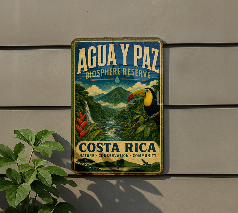 a vintage-style sign for the Agua y Paz Biosphere Reserve in Costa Rica, depicting a lush tropical landscape with a toucan and a waterfall.