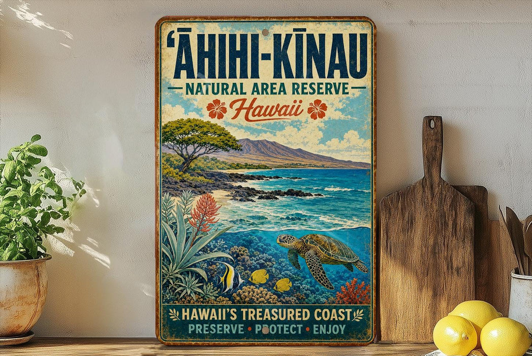 A vintage-style sign for the "AHII-KINAU Natural Area Reserve" in Hawaii, featuring a tropical landscape with a sea turtle, palm trees, and a coral reef.