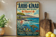 A vintage-style sign for the "AHII-KINAU Natural Area Reserve" in Hawaii, featuring a tropical landscape with a sea turtle, palm trees, and a coral reef.
