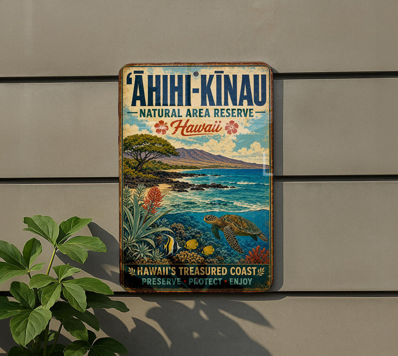 a vintage-style sign for the "AHII-KINAU Natural Area Reserve" in Hawaii, depicting a tropical landscape with a turtle swimming in the ocean.