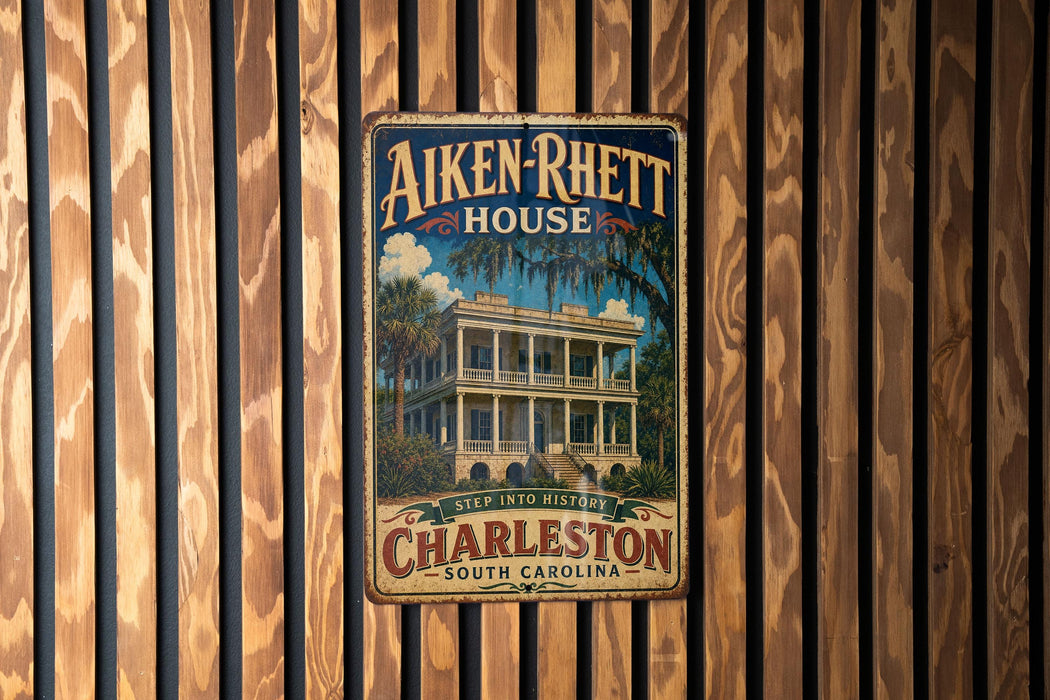 A vintage-style metal sign for the Aiken-Rhetts House in Charleston, South Carolina, featuring a large illustration of the historic building surrounded by palm trees.
