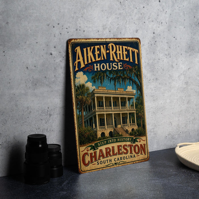 A vintage-style metal sign for the Aiken-Rhettt House in Charleston, South Carolina, featuring an illustration of the historic building surrounded by palm trees.