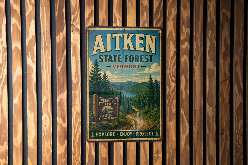 A vintage metal sign for Aitken State Forest in Vermont, featuring a scenic landscape with pine trees and a winding road.