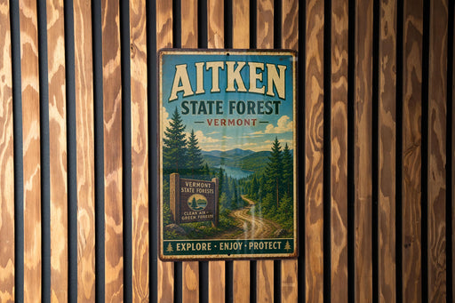 A vintage metal sign for Aitken State Forest in Vermont, featuring a scenic landscape with pine trees and a winding road.