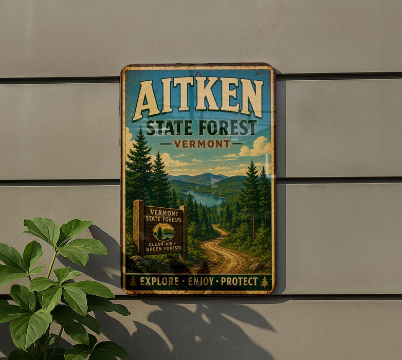 A vintage metal sign for Aitken State Forest in Vermont, featuring a scenic landscape with pine trees, a winding dirt road, and mountains in the background.