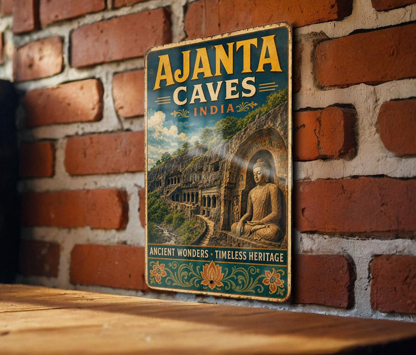A vintage-style metal sign with the text "Ajanta Caves India" and an illustration of a temple or cave with a Buddha statue, hanging on a brick wall.