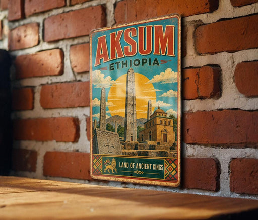A vintage metal sign with the text "AKSUM" and "ETHIOPIA" is displayed on a brick wall.