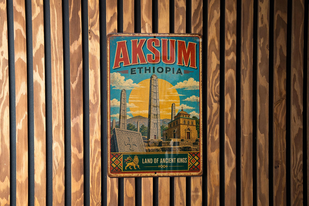 A vintage metal sign with the text "AKSUM Ethiopia" and an illustration of a city skyline, including a tall tower, against a wooden background.