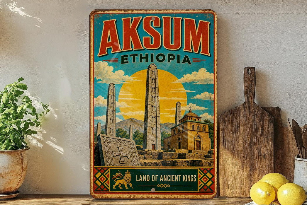 a vintage-style poster of Aksum Ethiopia, with a colorful illustration of the city's landmarks and a sun in the sky. The poster is displayed on a wall, and there are some kitchen utensils, such as a wooden cutting board and a knife, as well as some decorative elements like a potted plant and a lemon, in the foreground.